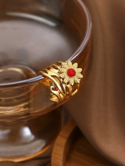 IG Style Elegant Classical Flower Chrysanthemum 304 Stainless Steel Imitation Pearl Opal Open Rings