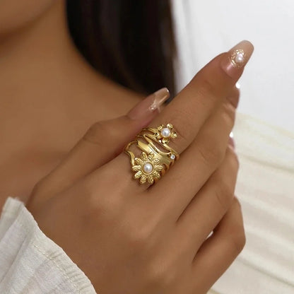 IG Style Elegant Classical Flower Chrysanthemum 304 Stainless Steel Imitation Pearl Opal Open Rings