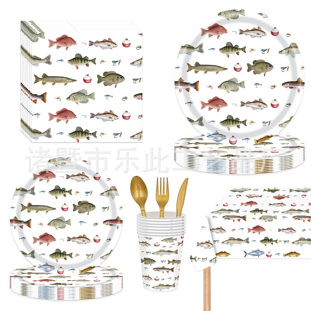3 Pieces Fishing Theme Party Tableware Outdoor Fishing Bait Fishing Tablecloth Paper Plates Paper Towels Paper Cups Celebration