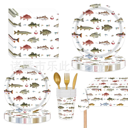 3 Pieces Fishing Theme Party Tableware Outdoor Fishing Bait Fishing Tablecloth Paper Plates Paper Towels Paper Cups Celebration