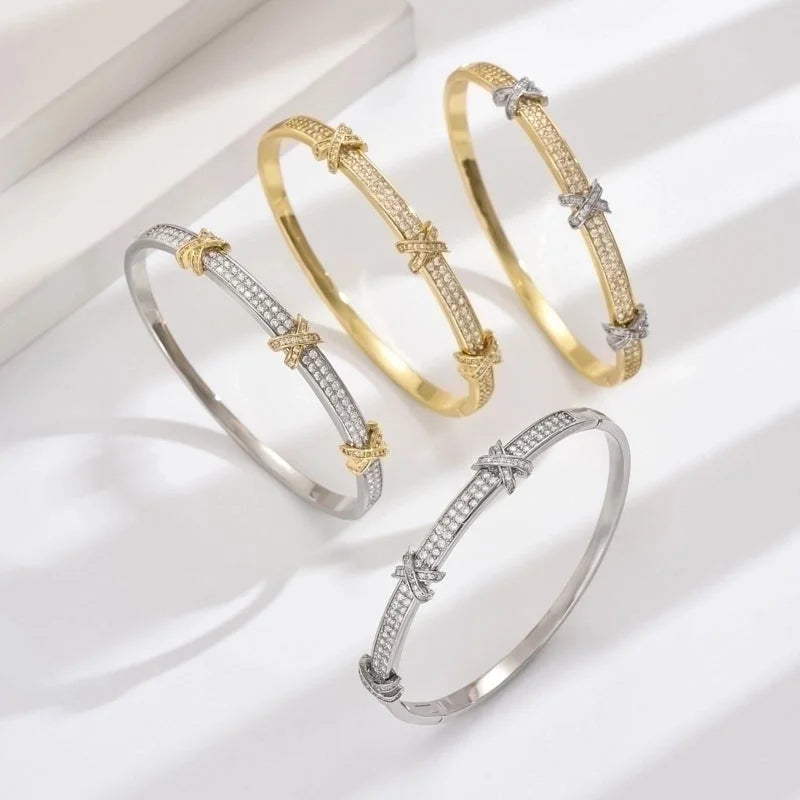 Copper 18K Gold Plated IG Style Minimalist Inlay Letter Zircon Bangle