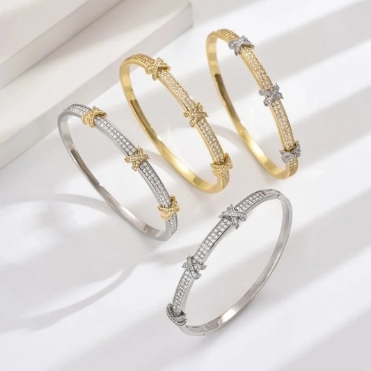 Copper 18K Gold Plated IG Style Minimalist Inlay Letter Zircon Bangle