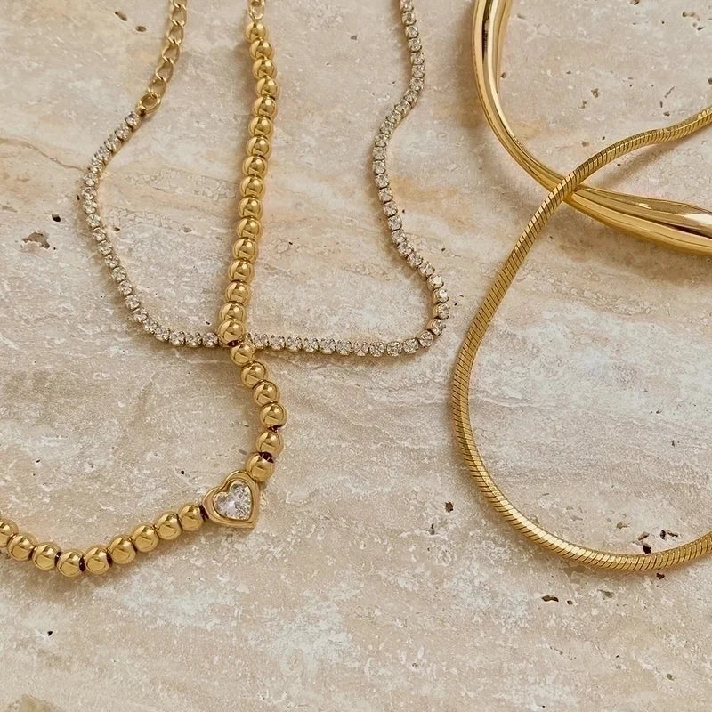 Modern Style Minimalist Heart Shape 304 Stainless Steel Zircon 16K Gold Plated White Gold Plated Gold Plated Plating Bracelets Necklace