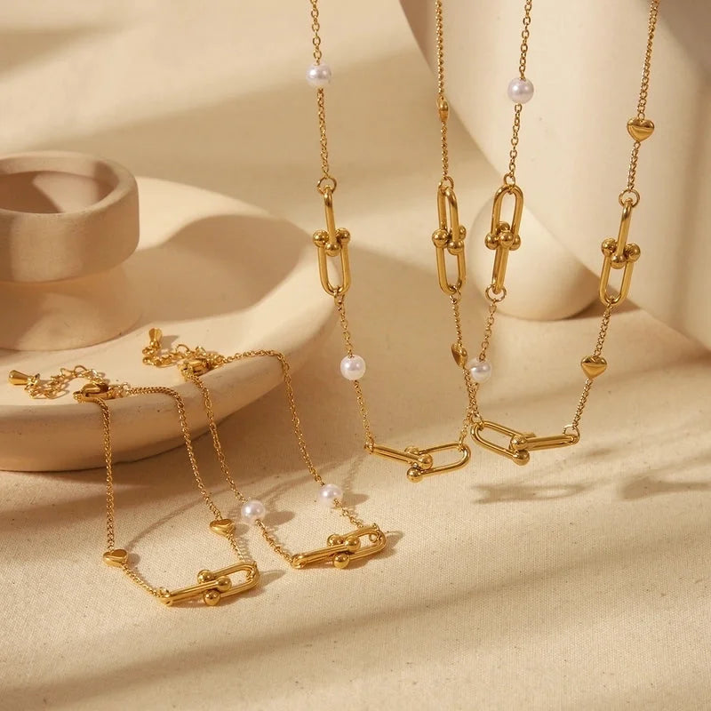 Luxurious Minimalist Commute Solid Color Horseshoe Buckle 304 Stainless Steel 18K Gold Plated Imitation Pearl Bracelets Necklace