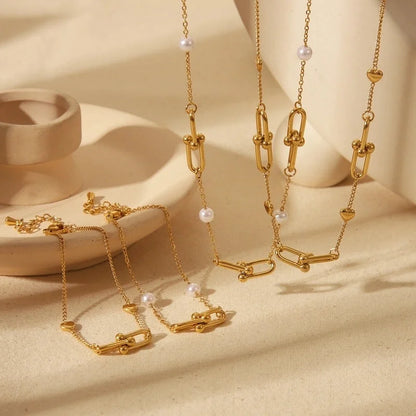 Luxurious Minimalist Commute Solid Color Horseshoe Buckle 304 Stainless Steel 18K Gold Plated Imitation Pearl Bracelets Necklace