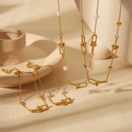 Luxurious Minimalist Commute Solid Color Horseshoe Buckle 304 Stainless Steel 18K Gold Plated Imitation Pearl Bracelets Necklace