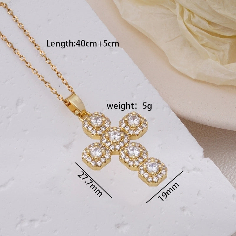 304 Stainless Steel Copper Inlay Cross Zircon Pendant Necklace