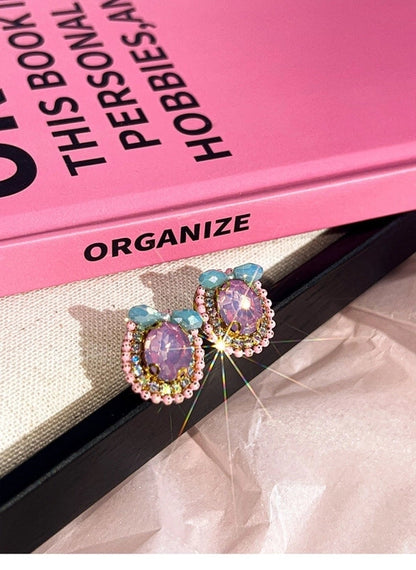 1 Pair Retro Color Block Heart Shape Pleated Inlay Copper Rhinestones Drop Earrings