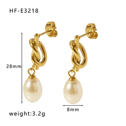 1 Pair Minimalist Round Patchwork 304 Stainless Steel Artificial Pearls Freshwater Pearl 18K Gold Plated Drop Earrings