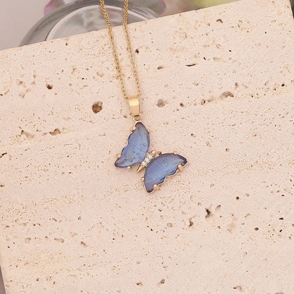Stainless Steel Glass Copper 18K Gold Plated Cute Butterfly No Inlaid Pendant Necklace