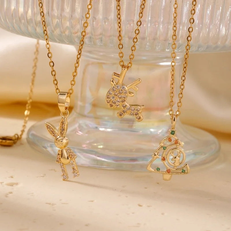 304 Stainless Steel Copper Cable Chain K Gold Plated Inlay Rabbit Christmas Tree Elk Zircon Pendant Necklace
