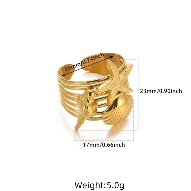 Exaggerated Beach Minimalist Geometric Starfish Shell 304 Stainless Steel Wide Band Rings Open Rings Rings