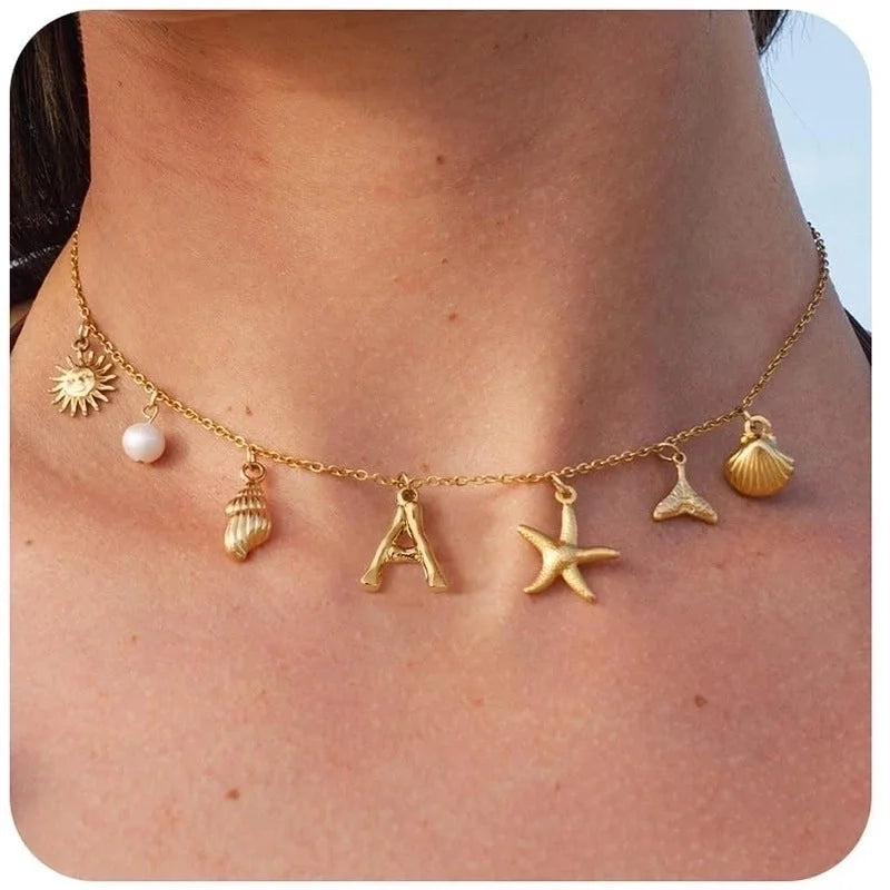 Copper Minimalist Sun Letter Starfish Pendant Necklace