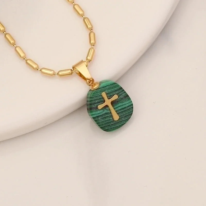 Retro Cross Stainless Steel Natural Stone Turquoise Pendant Necklace