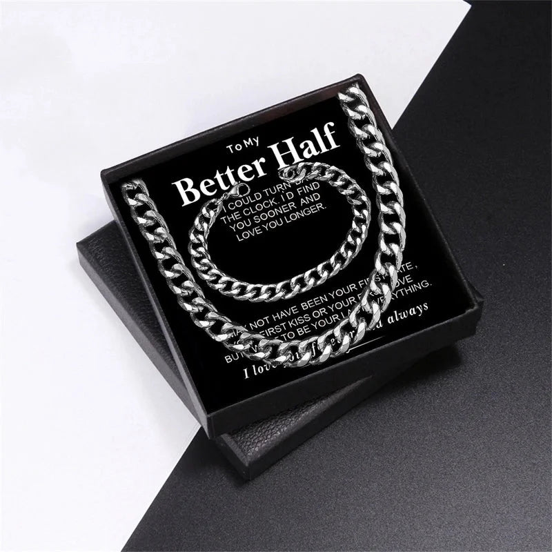 2 Pieces Hip-Hop Solid Color Alloy Titanium Steel Plating Men\'S Bracelets Necklace