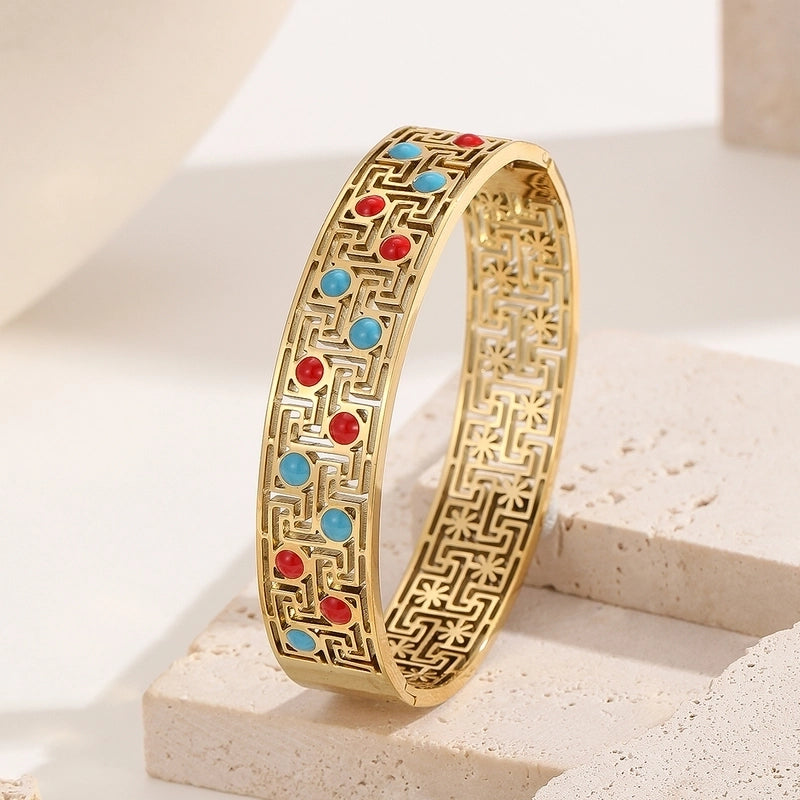 Handmade Minimalist Paisley Geometric Titanium Steel 18K Gold Plated Turquoise Bangle In Bulk