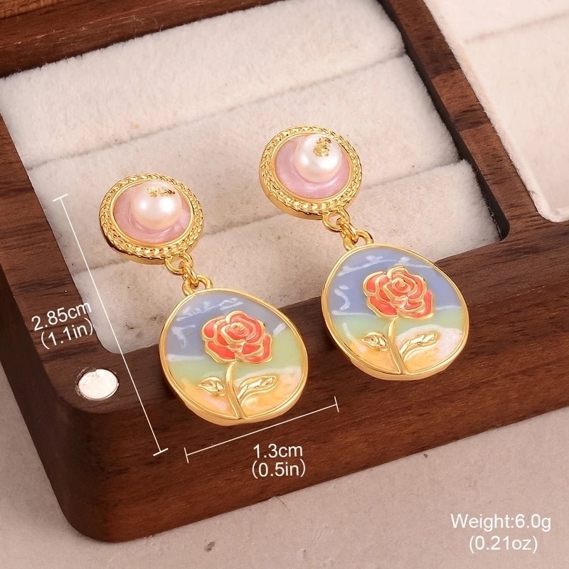 1 Pair Minimalist Classic Style Flower Butterfly Enamel Inlay Alloy Copper Natural Pearl Zircon Drop Earrings