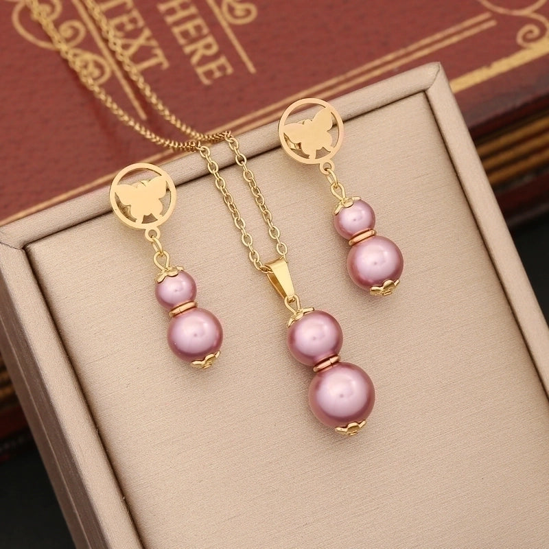 Stainless Steel Artificial Pearl 18K Gold Plated Commute Patchwork Gourd Jewelry Set
