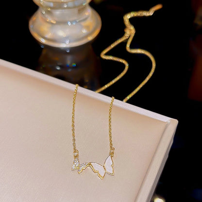 Elegant Classic Style Geometric Moon Bow Knot Titanium Steel Zircon Pendant Necklace