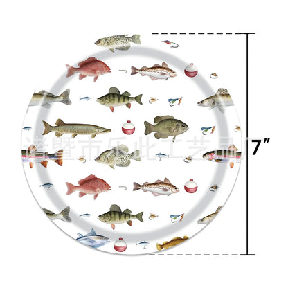 3 Pieces Fishing Theme Party Tableware Outdoor Fishing Bait Fishing Tablecloth Paper Plates Paper Towels Paper Cups Celebration