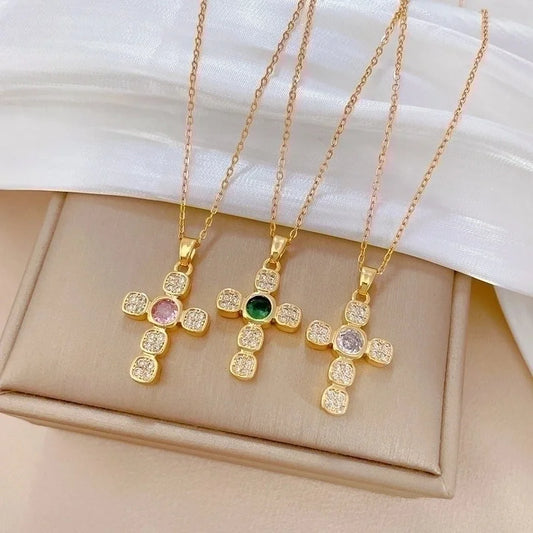 Titanium Steel Copper Exaggerated Plating Inlay Cross Artificial Gemstones Pendant Necklace
