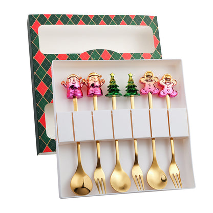 J Christmas Spoon Set Cartoon Colorful Santa Claus Christmas Tree Spoon Fork Coffee Dessert Spoon Gift Box