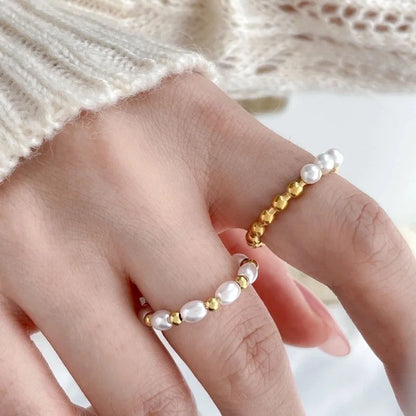 Retro French Style Geometric Titanium Steel Pearl Inlay Rings