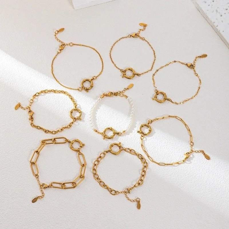 Minimalist Circle 201 Stainless Steel 304 Stainless Steel 18K Gold Plated Zircon Beaded Chain Paperclip Chain Bracelets In Bulk