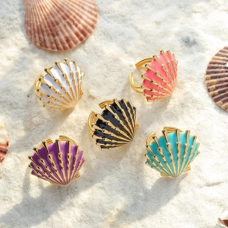 Casual Vacation Beach Shell 304 Stainless Steel 14K Gold Plated Enamel Plating Open Rings