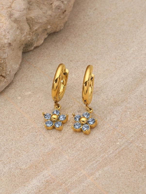 1 Pair Elegant Flower Plating Inlay 304 Stainless Steel Rhinestones 18K Gold Plated Drop Earrings