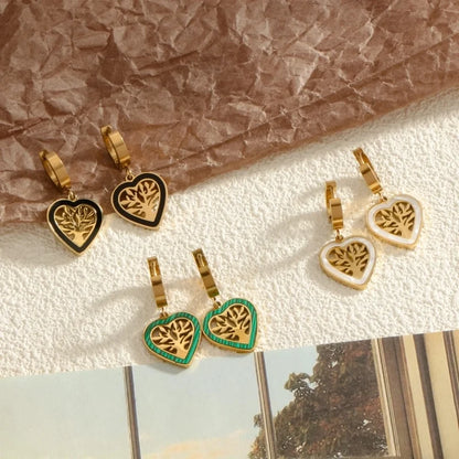 1 Pair Minimalist Heart Shape Life Tree Plating Inlay Titanium Steel Shell 18K Gold Plated Drop Earrings
