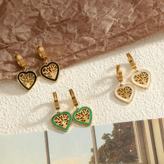 1 Pair Minimalist Heart Shape Life Tree Plating Inlay Titanium Steel Shell 18K Gold Plated Drop Earrings