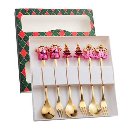 J Christmas Spoon Set Cartoon Colorful Santa Claus Christmas Tree Spoon Fork Coffee Dessert Spoon Gift Box