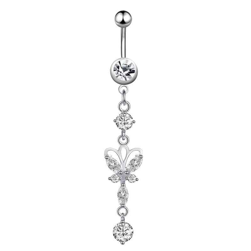 Minimalist Water Droplets Flower Butterfly Stainless Steel Inlay Zircon Women's Belly Ring
