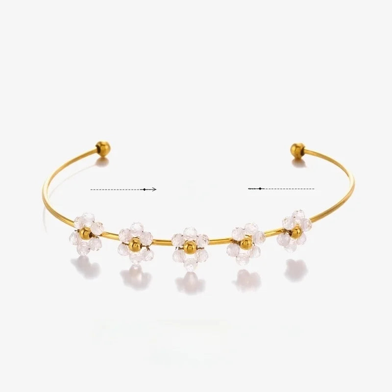 2 Pieces IG Style Flower 304 Stainless Steel 18K Gold Plated Zircon Bangle In Bulk