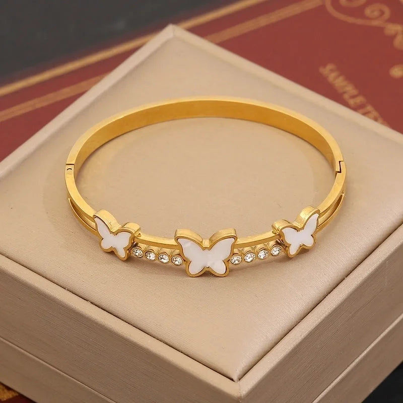 Minimalist Leaves Flower Bow Knot 304 Stainless Steel 18K Gold Plated Zircon Bangle In Bulk