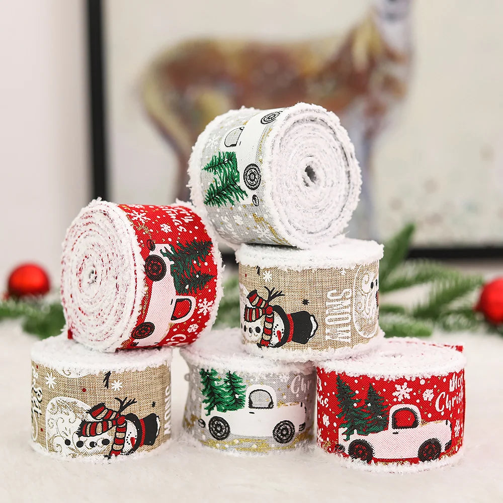 Christmas Decoration Printed Frayed Edge Ribbon Gift Box Packaging Ribbon Christmas Gift Packaging Ribbon