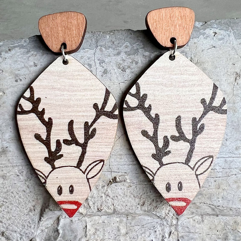 2 Pairs Bohemian Retro Wooden Texture Forest Style Natural Geometric Earrings Christmas Reindeer Cute Plant Earrings