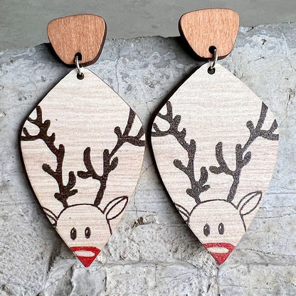 2 Pairs Bohemian Retro Wooden Texture Forest Style Natural Geometric Earrings Christmas Reindeer Cute Plant Earrings