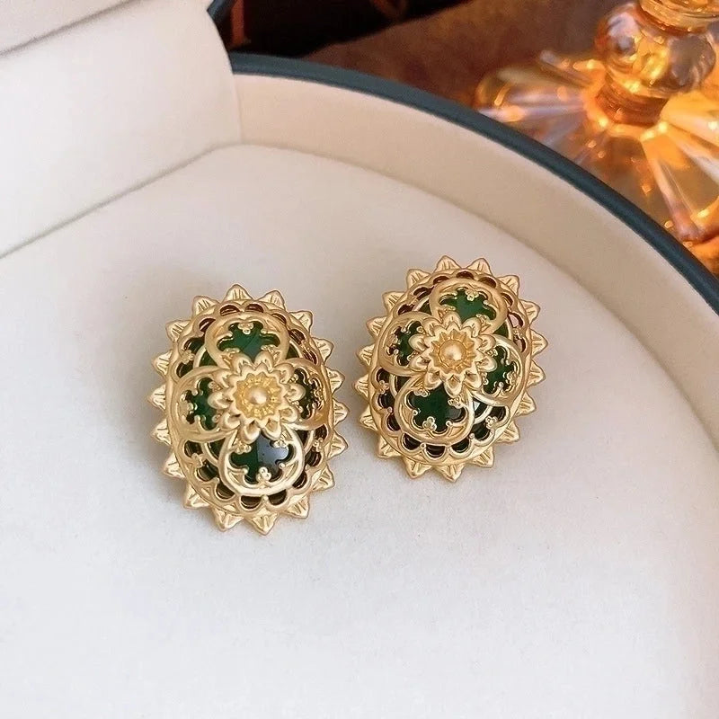 1 Pair Retro Color Block Heart Shape Pleated Inlay Copper Rhinestones Drop Earrings