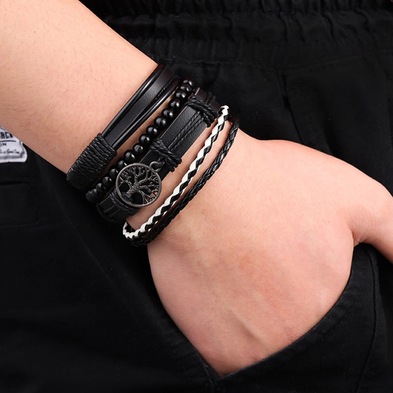 Vintage Style Classic Style Geometric Life Tree Pu Leather Alloy Woven Chain Wrap Bracelets