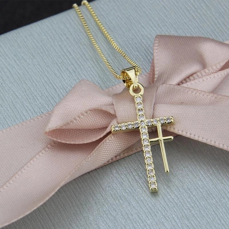 Double Cross Pendant Fashion New Copper Plated White Zircon Religious Necklace