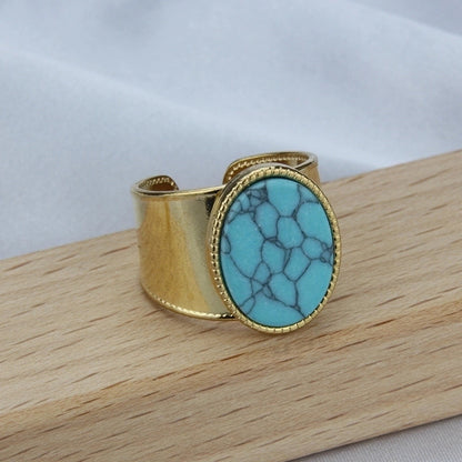 Minimalist Geometric 304 Stainless Steel Natural Stone 18K Gold Plated Hollow Out Open Ring