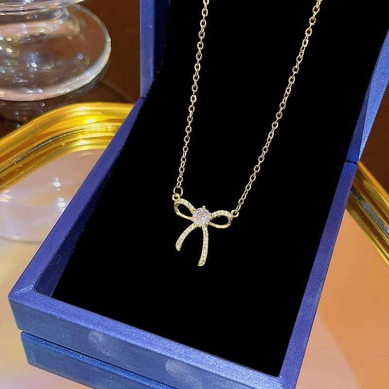 Elegant Classic Style Geometric Moon Bow Knot Titanium Steel Zircon Pendant Necklace
