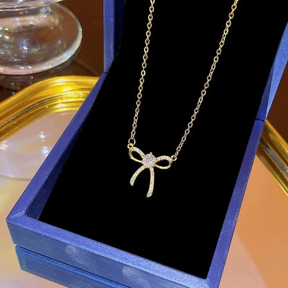 Elegant Classic Style Geometric Moon Bow Knot Titanium Steel Zircon Pendant Necklace