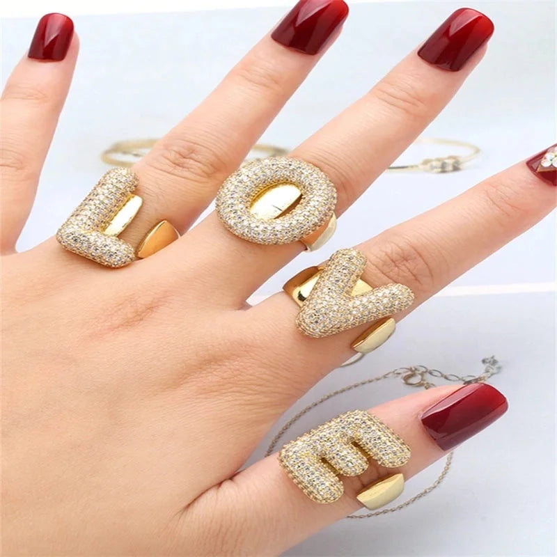 Copper Inlay Letter Zircon Open Rings