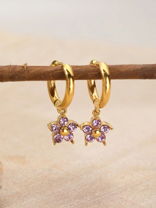 1 Pair Elegant Flower Plating Inlay 304 Stainless Steel Rhinestones 18K Gold Plated Drop Earrings