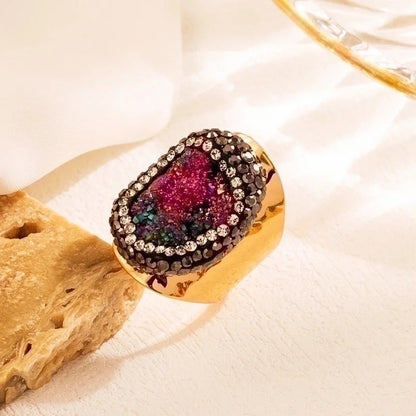 5 Pieces Elegant Retro Irregular Copper Plating Inlay Natural Stone Gold Plated Wide Band Ring