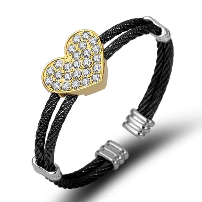 Minimalist Heart Shape Stainless Steel Rhinestones Bangle In Bulk