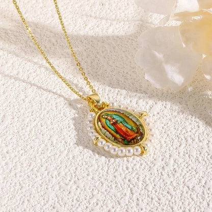 Copper 18K Gold Plated Inlay Human Virgin Mary Acrylic Imitation Pearl Pendant Necklace